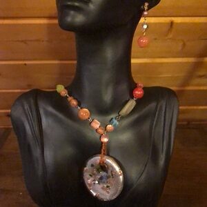 Orange & Green Beaded Necklace And Earrings With Glass Pendant